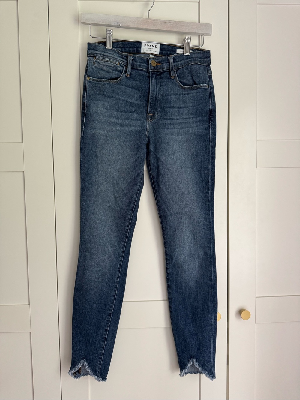 FRAME Le High Skinny Selman Triangle Raw Hem Jeans Blue Size 27 Classic Denim